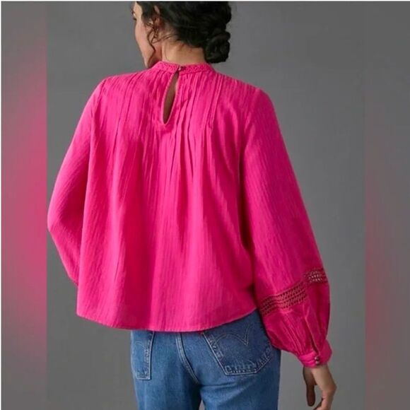 Anthropologie Womens Embroidered Peasant Blouse Top Size S Magenta Long Sleeve - Picture 3 of 14